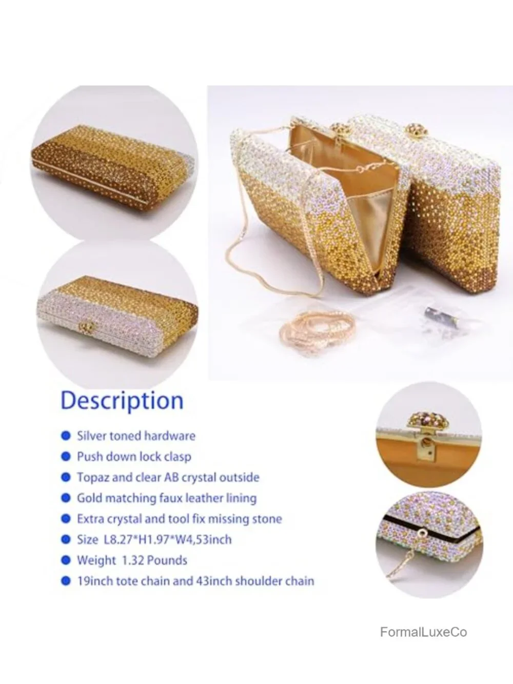 Crystal Rhinestone Evening Clutch Purse with Chain Strap